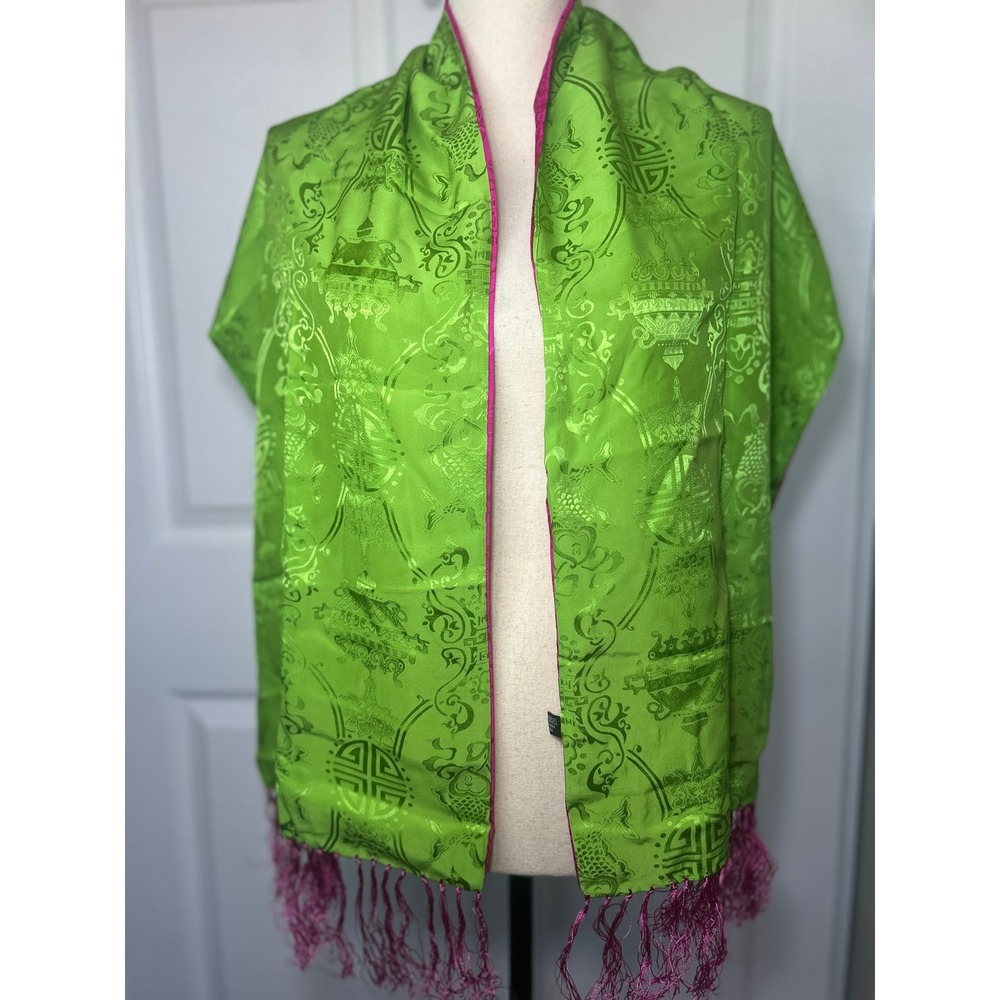 Green Satin Patterned Scarf with Pink Fringe